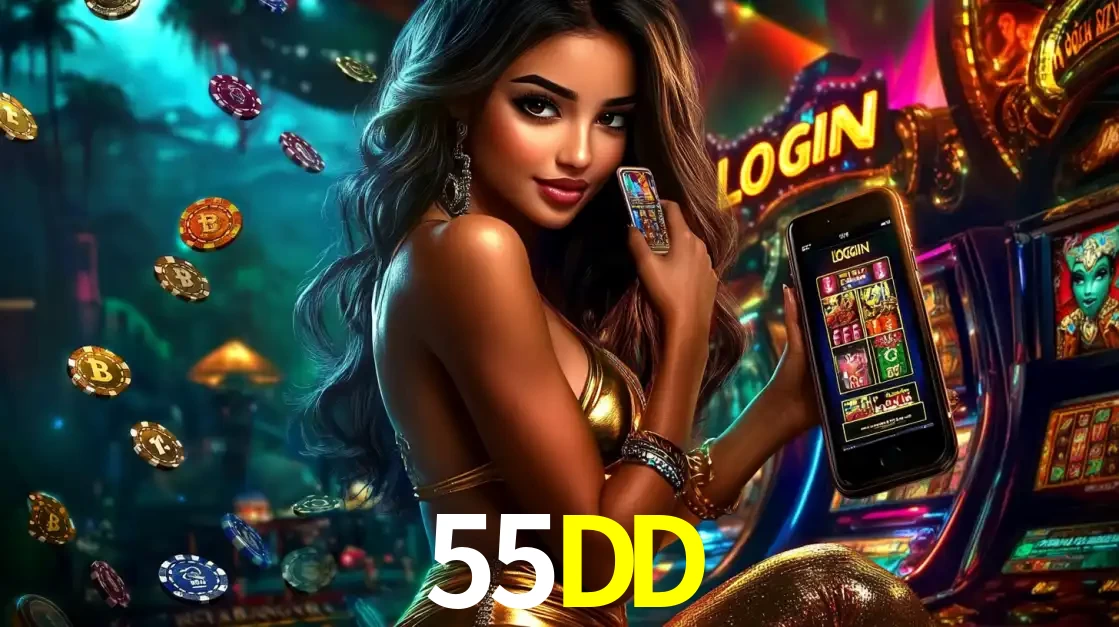 Mulher em um cenário de cassino temático de aventura, mostrando o app de caça-níqueis da 55DD no celular. Fichas de apostas flutuam ao redor.