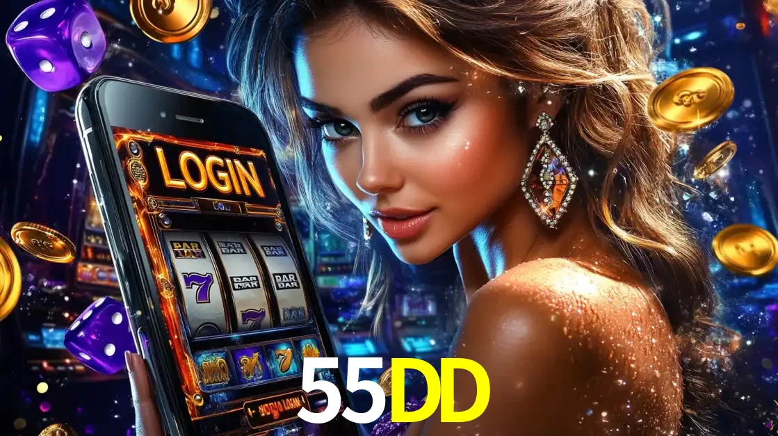 Mulher glamorosa segurando um smartphone com a tela de login para os jogos de caça-níqueis do cassino online 55DD, com moedas de ouro e dados ao redor.