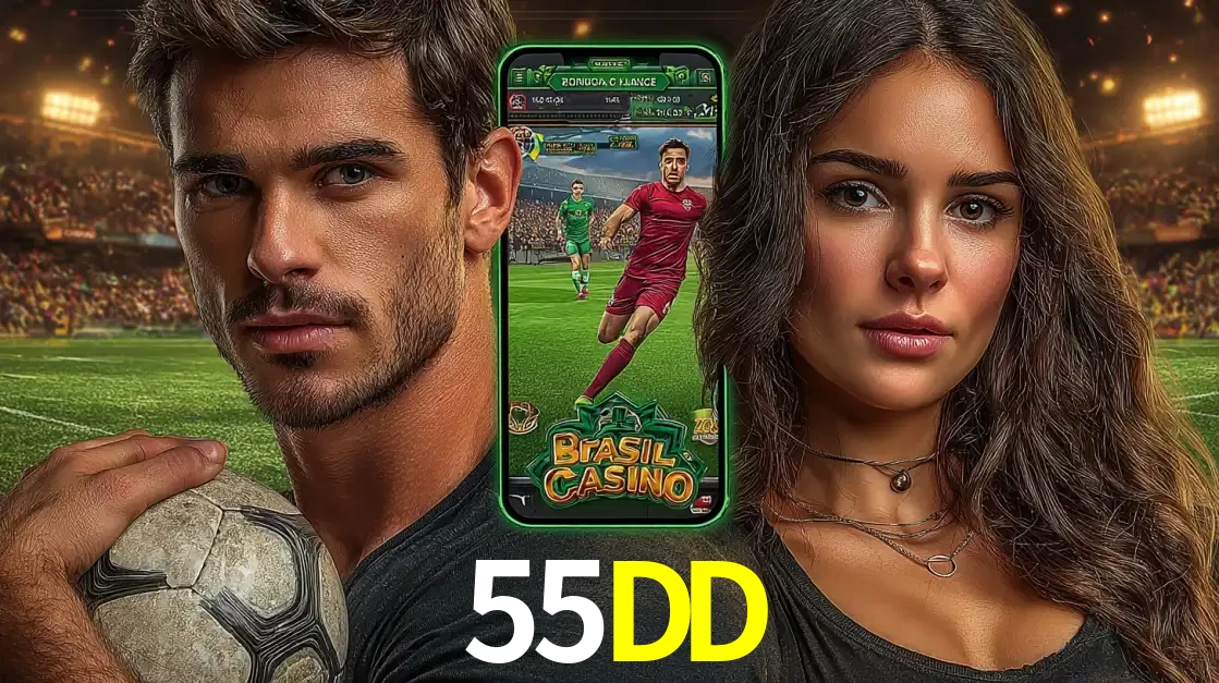 Homem segurando uma bola de futebol e uma mulher ao lado de um smartphone exibindo o jogo de apostas esportivas da 55DD. Faça seu palpite no cassino online.